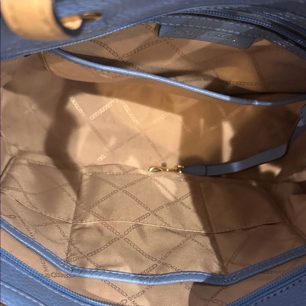 Michael Kors Blue Tote Tan Handles leather beach purse handbag designer sky
